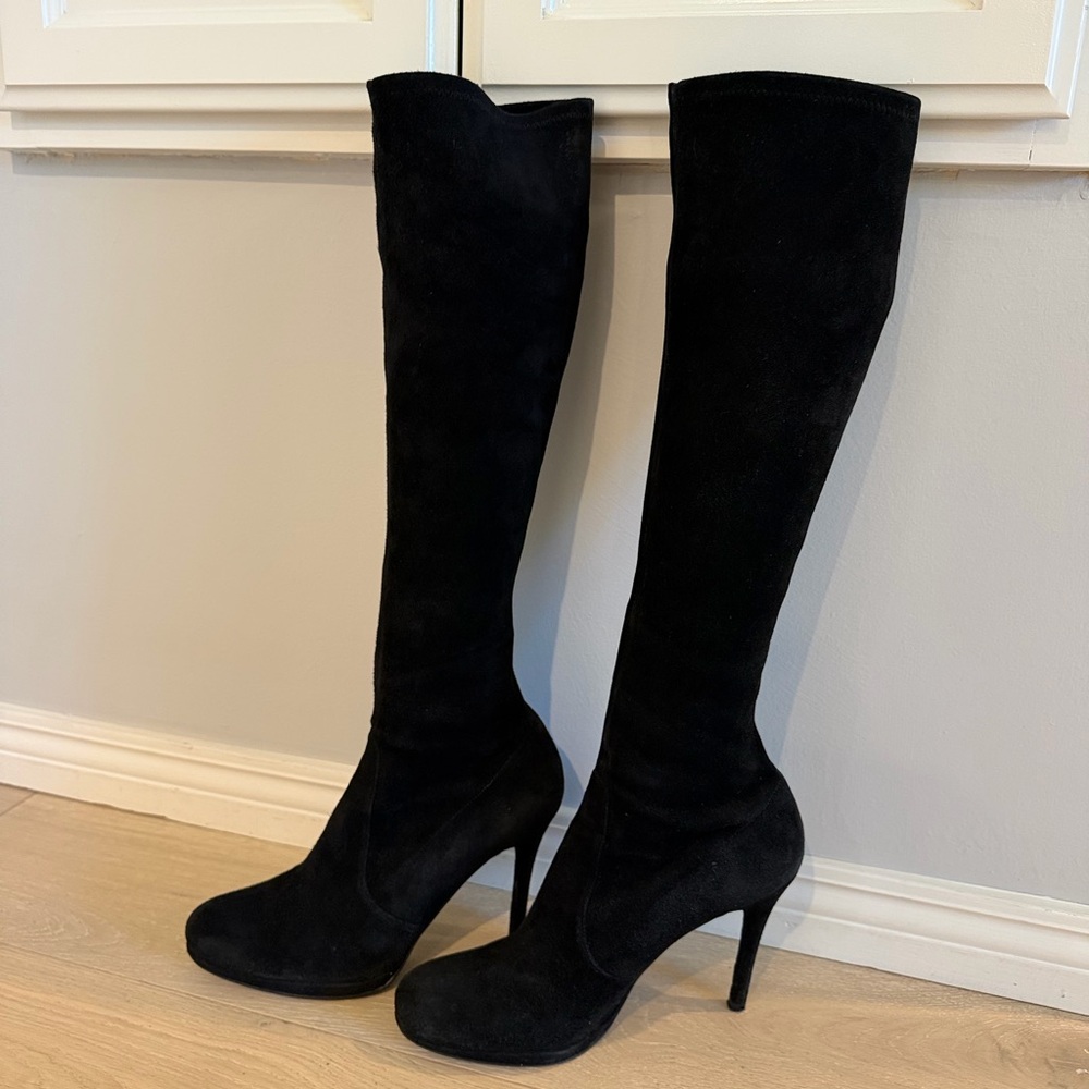 Stuart Weitzman Black Suede Give It Up Highland Knee High Heel Boots - Picture 2 of 6